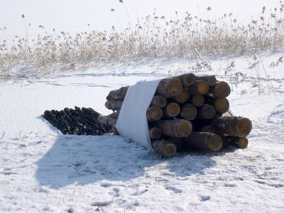 Time in Progress 2012, Wood (Logs), Charcoal, Cotton, 90 x 90 x 700 cm